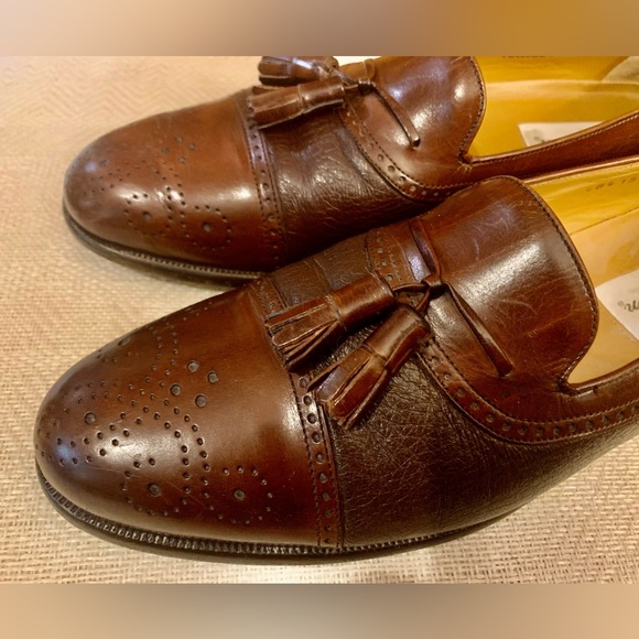 Men’s Mezlan Havana brown leather cap toe tassel loafer dress shoes Sz 9B - Picture 4 of 7